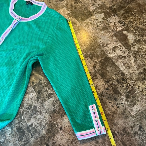 Talbots Kelly Green Sweater Cardigan PinkWhite Trim Pearl Buttons Barbie Core MP - Picture 13 of 14